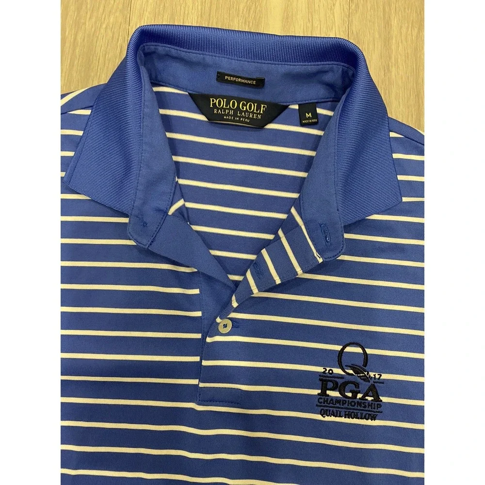 Polo Golf Ralph Lauren Shirt Mens Medium Performance Striped Blue Quail Hollow M